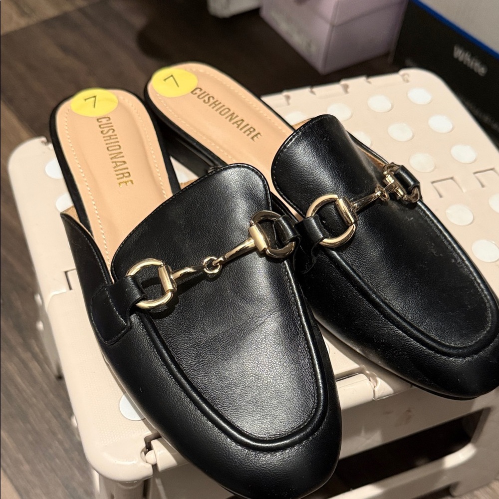 Cushionaire Women's Black Loafers with Gold Accents